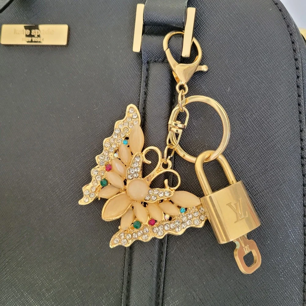 Louis Vuitton Padlock 321 & Jeweled Butterfly Bag Charm Gold Keychain Accessory
